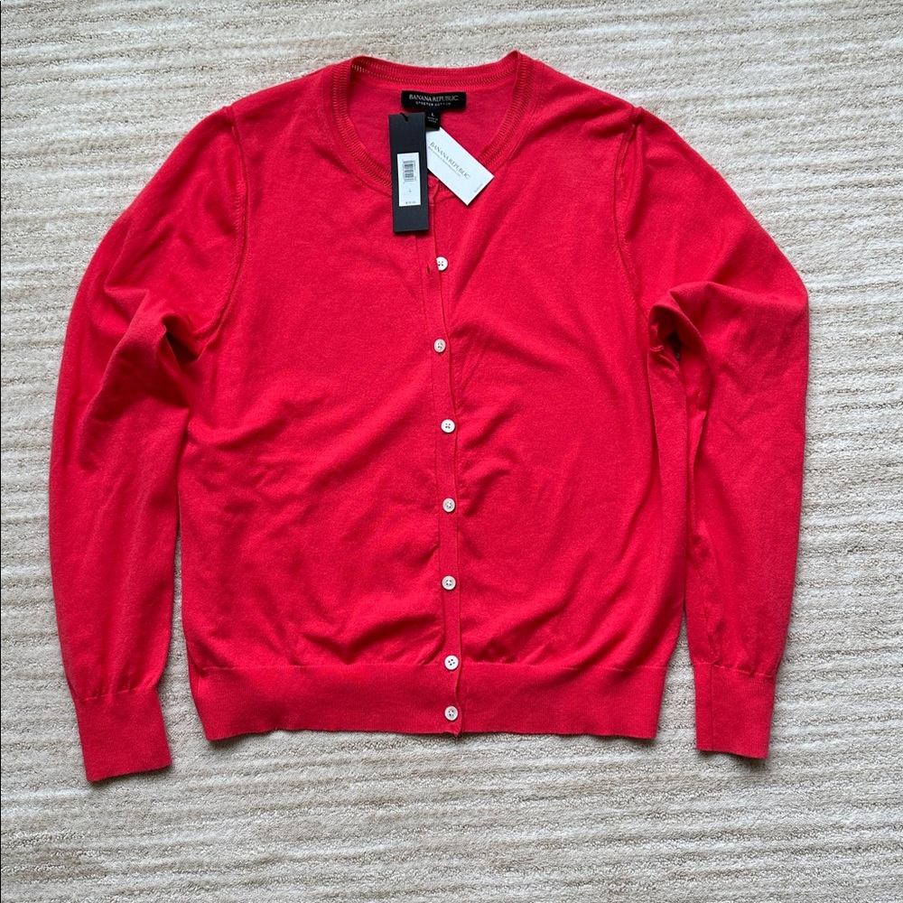 NWT Banana Republic Stretch Cotton Cardigan Sweater Red Coral Size Large